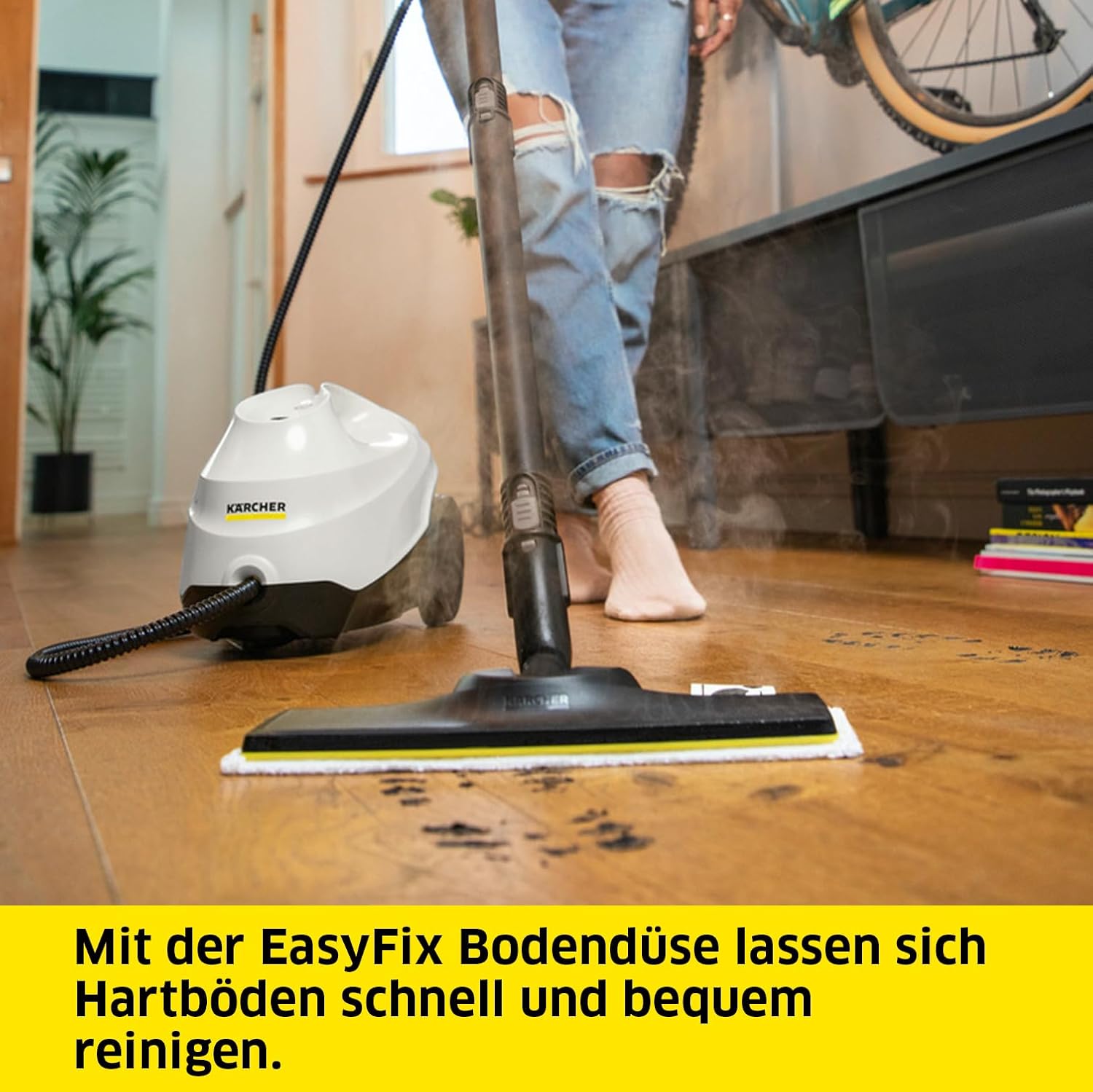 Kärcher Pulitore a vapore SC 2 EasyFix, pressione vapore: 3,2 bar, tempo di riscaldamento: 6,5 min., potenza: 1.500 W, copertura: 75 m², serbatoio: 1 l, con set per la pulizia del pavimento EasyFix, ugelli e panno in microfibra, bianco