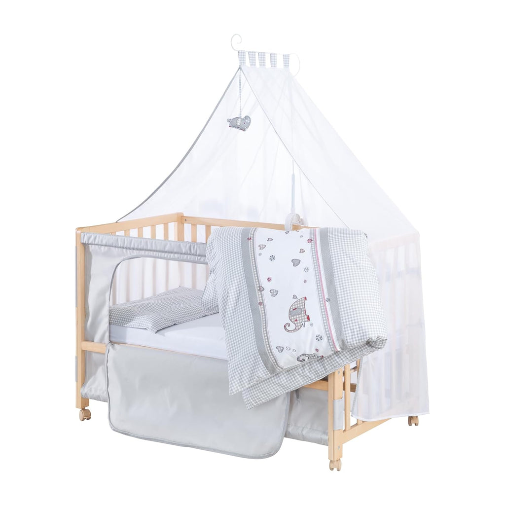 roba Beistellbett 60 x 120 cm - Adam & Eule Room Bed - Babybett zum Anstellen an Elternbett - Inklusive Matratze, Bettwäsche, Himmel - Mobil & Höhenverstellbar - Holz weiß