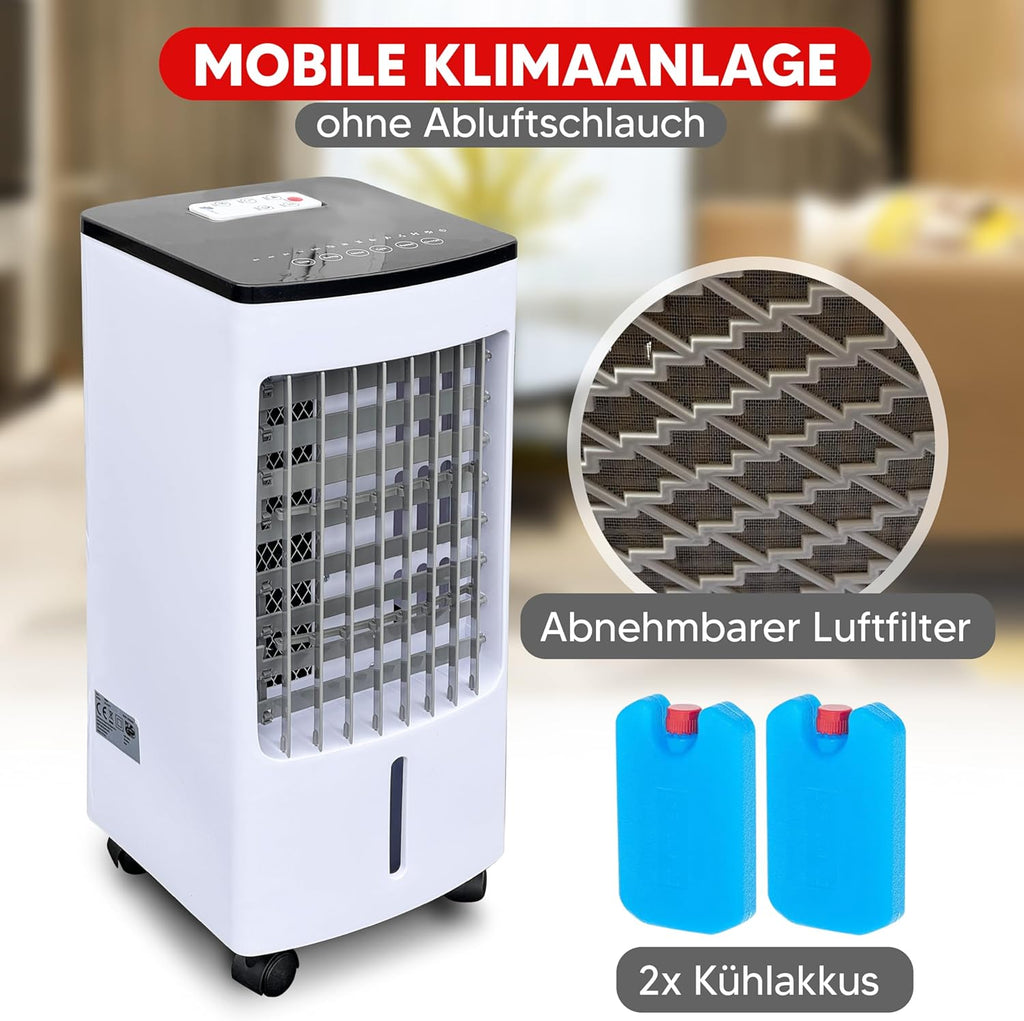 JUNG LIFEAIR Condizionatore Portatile Senza Tubo di Scarico, con Telecomando, Timer 15,5 ore, 60 dBA, 2in1 - Raffrescatore, Ionizzatore, Ventilatore Portatile con Raffreddamento ad Acqua, Climatizzatore Portatile Silenzioso