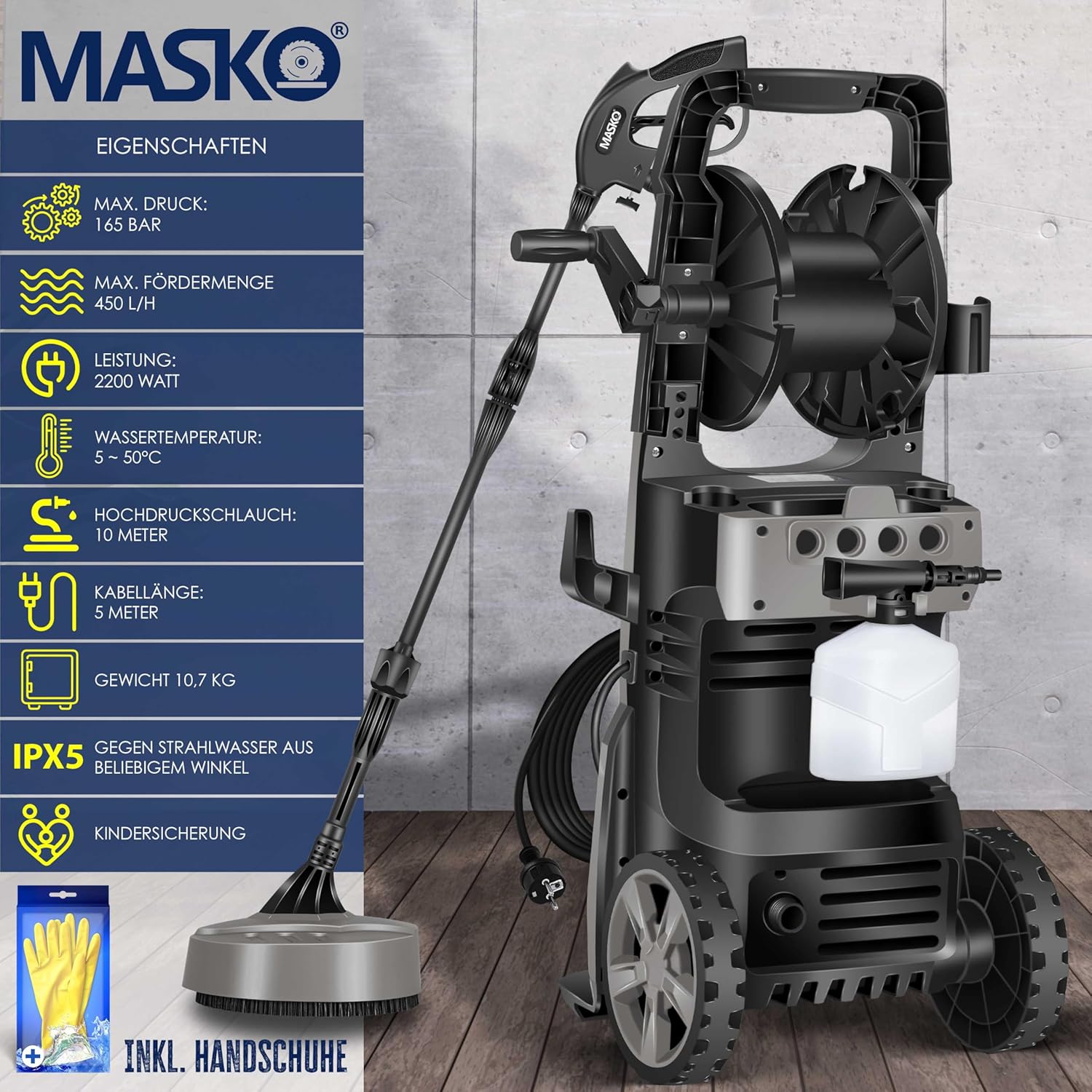 MASKO® Idropulitrice 2200 Watt 165 bar 450 l/h, con avvolgitubo 10m, set accessori 9 pezzi, con serbatoio per sapone e ugello schiumogeno, pistola ad alta pressione per auto/recinzioni/giardino/pati (Grigio)