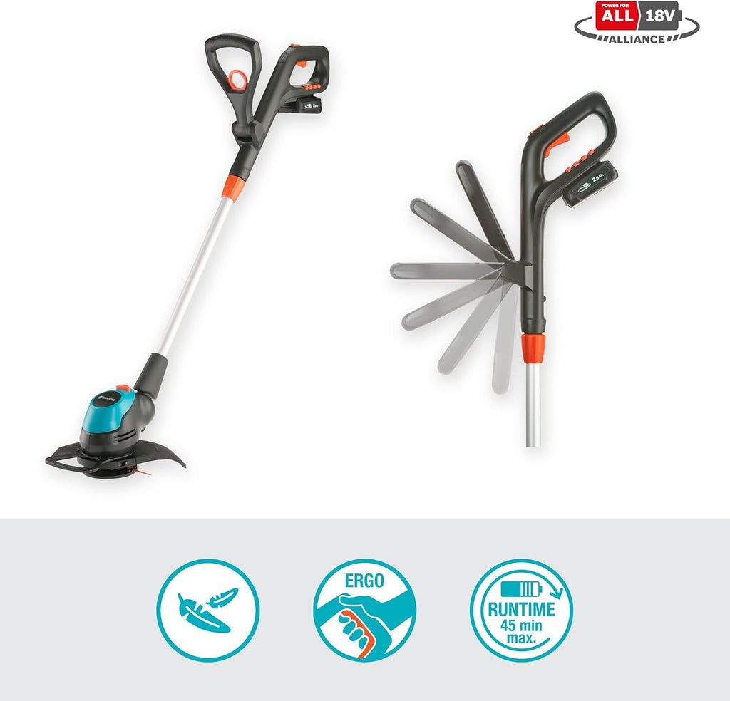 Gardena Akku-Trimmer EasyCut 23/18V P4A Ready-to-Use Set: Rasentrimmer mit 230 mm Schnittkreis, Verstellbarer Griff, Pflanzenschutzbügel und Stielneigungsverstellung, inkl. 18 V P4A Akku (14700-20)