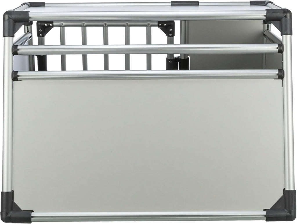 TRIXIE Hunde-Transportbox Aluminium in silber – M: 55 × 62 × 73 cm, stabile und geräuscharme Hundebox mit abgeschrägten Seiten, Sicherheitsverschluss & rutschfester Liegematte – 39342