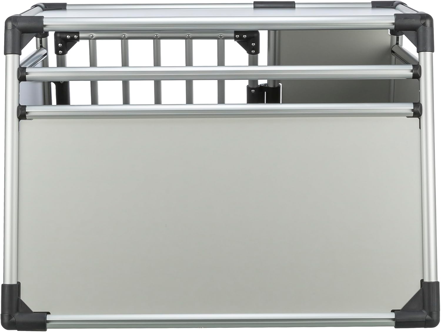 TRIXIE Hunde-Transportbox Aluminium in silber – M: 55 × 62 × 73 cm, stabile und geräuscharme Hundebox mit abgeschrägten Seiten, Sicherheitsverschluss & rutschfester Liegematte – 39342