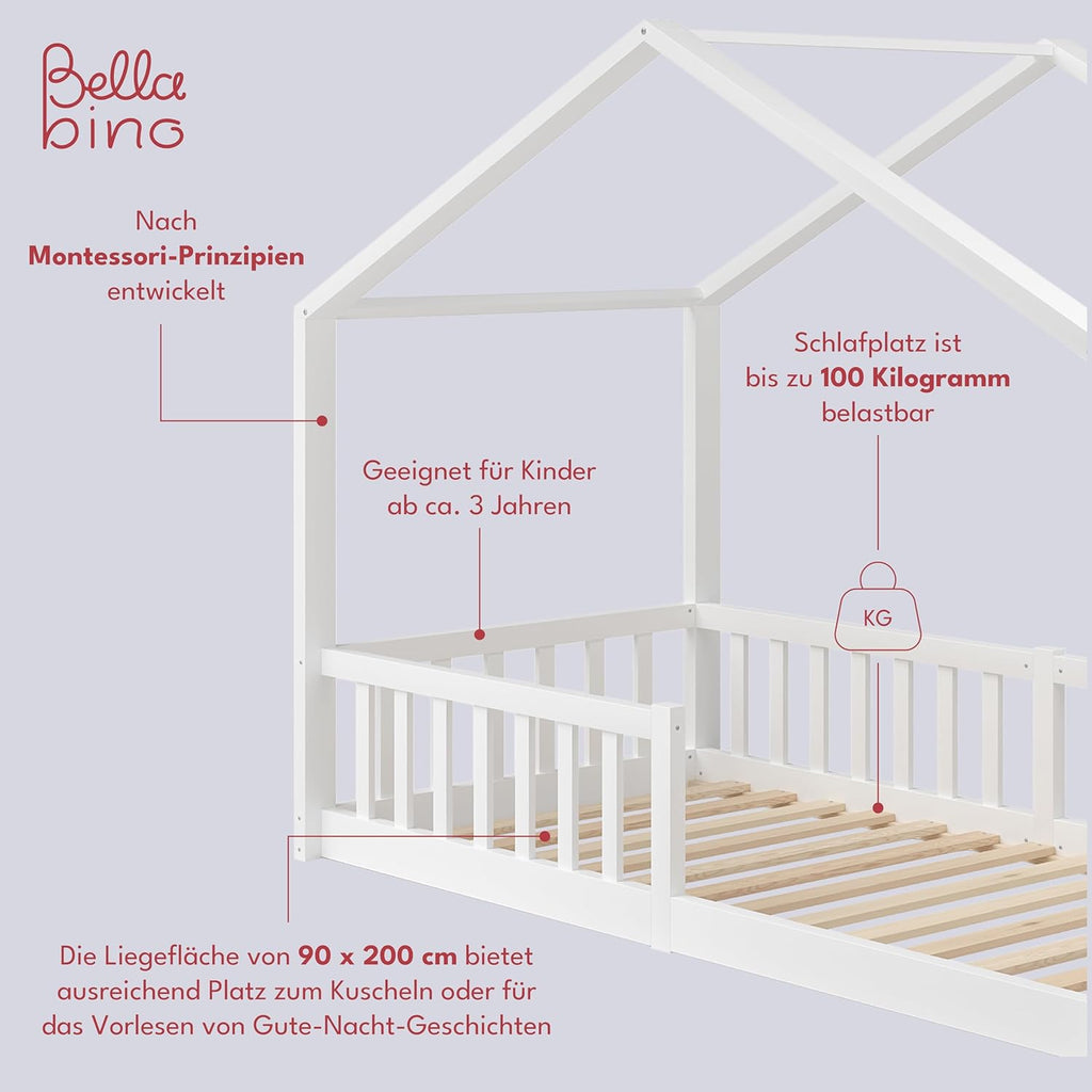 Bellabino Lettino per bambini Bia 140x200 cm, letto a capanna per bambini con protezione anticaduta e rete a doghe arrotolabile, letto a terra Montessori bianco in legno massello di pino