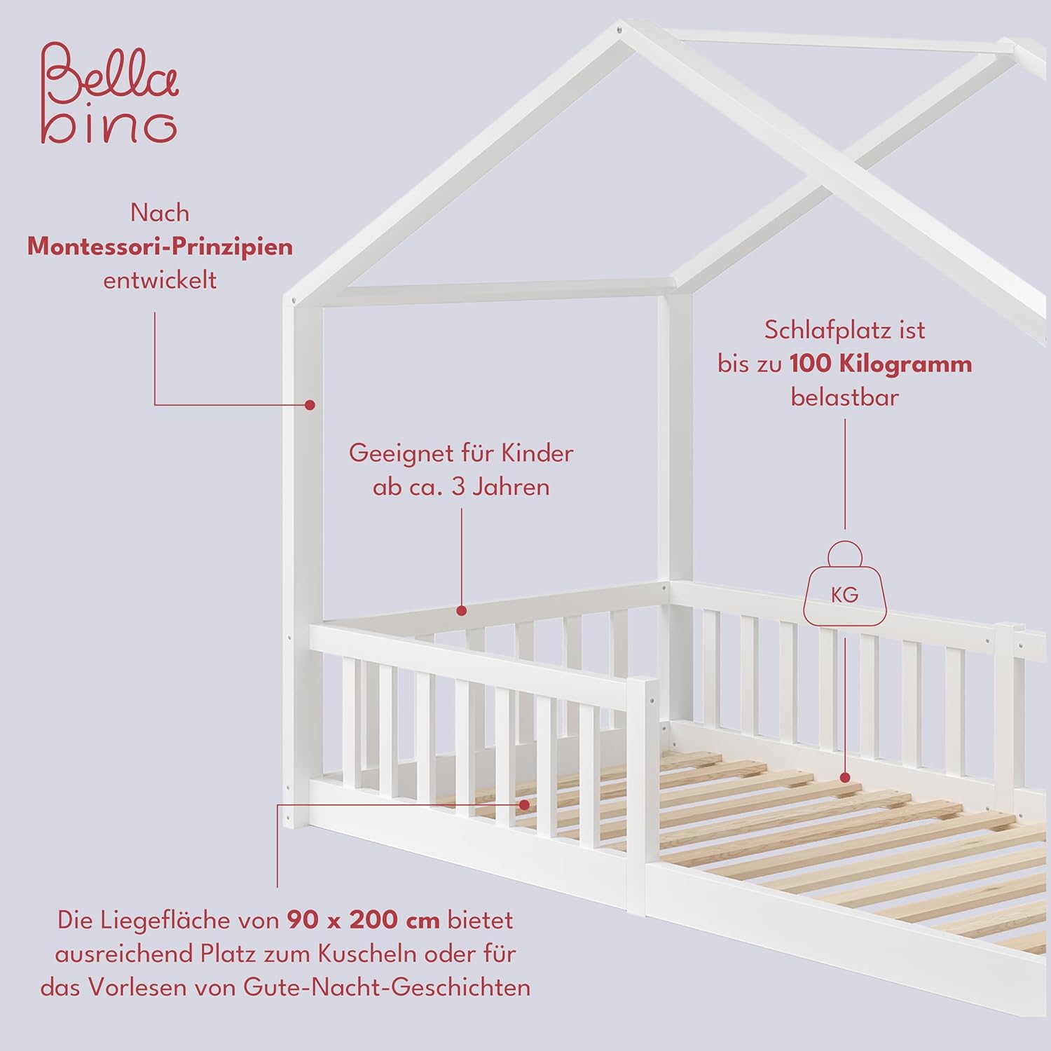 Bellabino Lettino per bambini Bia 140x200 cm, letto a capanna per bambini con protezione anticaduta e rete a doghe arrotolabile, letto a terra Montessori bianco in legno massello di pino
