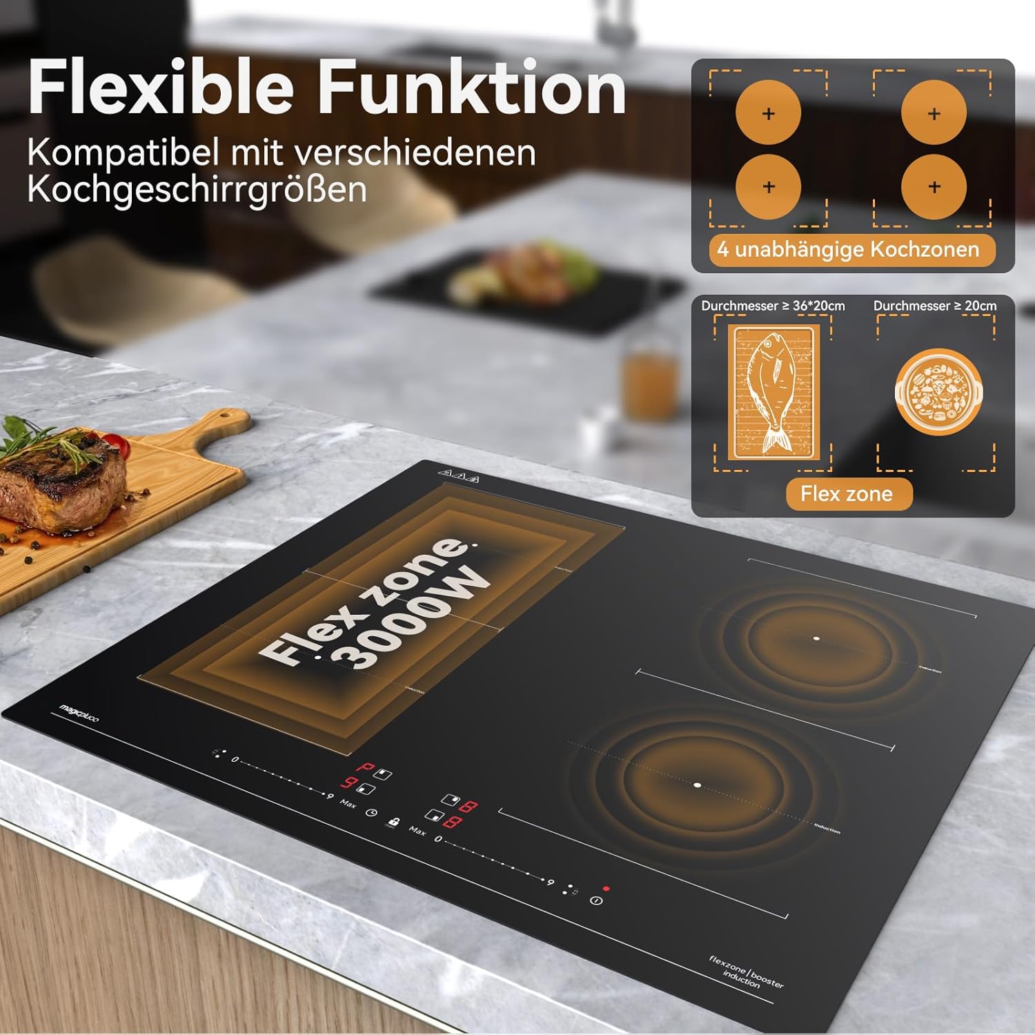 Piano cottura a induzione magicplux 60 cm, 4 zone di cottura a induzione con due zone flessibili, 9 livelli di potenza e funzione booster, timer 1-99 minuti, 7200 W