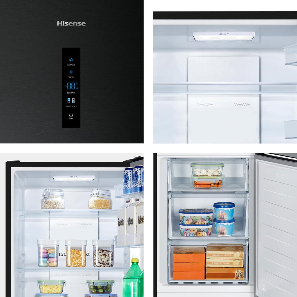 Hisense RB327N4ADD Frigorifero Combinato, Classe Energetica D, Total NoFrost, Porta Reversibile, Griglia Portabottiglie, Vano Frigo 171 Litri, Vano Congelatore 85 Litri, Look Acciaio Inox