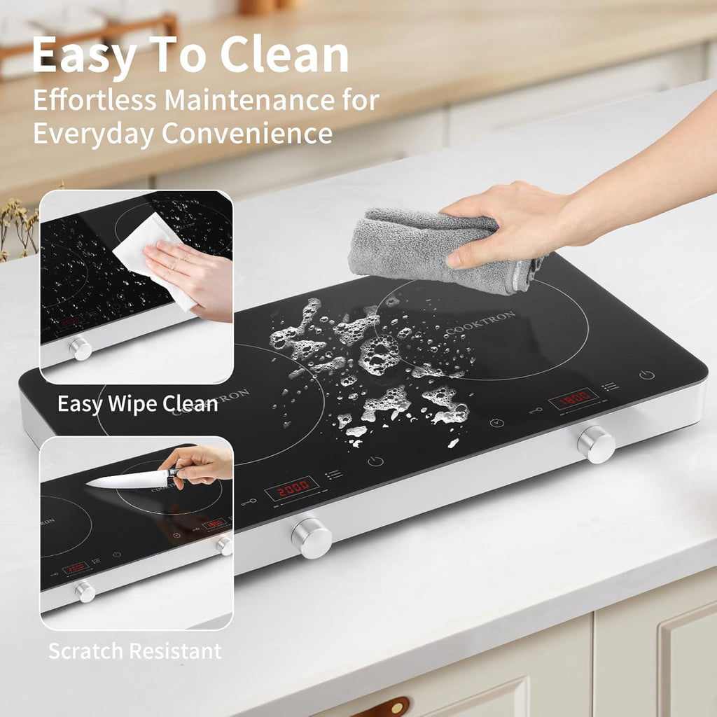 COOKTRON piano cottura a induzione a 2 fuochi, doppio piano cottura a induzione 3500W, 10 livelli di temperatura, 9 livelli di potenza, funzione Booster, timer di 4 ore, controllo touch, Nero