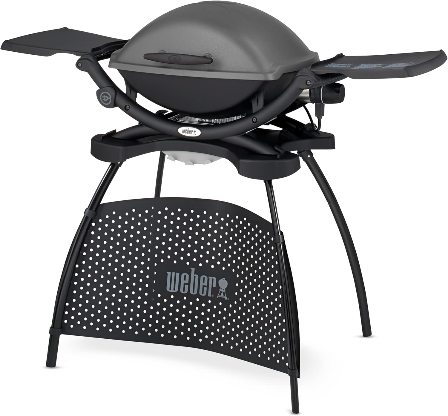 Weber Q2400 Barbecue elettrico con supporto + tavolini laterali, superficie di cottura 54 x 39 cm, portatile, griglia di cottura in ghisa smaltata in due pezzi, coperchio e braciere in ghisa d'alluminio - Grigio scuro (55020879)