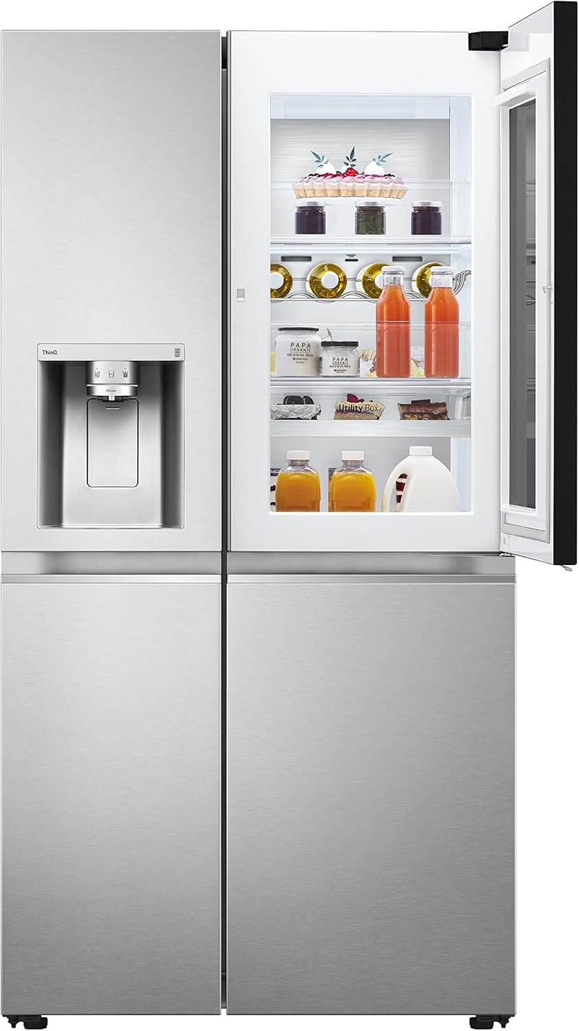 LG GSGV81PYLL Frigorifero Side by Side, Classe E, 635 L, Instaview, Frigorifero con congelatore, Dispenser ghiaccio, ghiaccio tritato, acqua, Total NoFrost, Smart Inverter Compressor, Wi-Fi