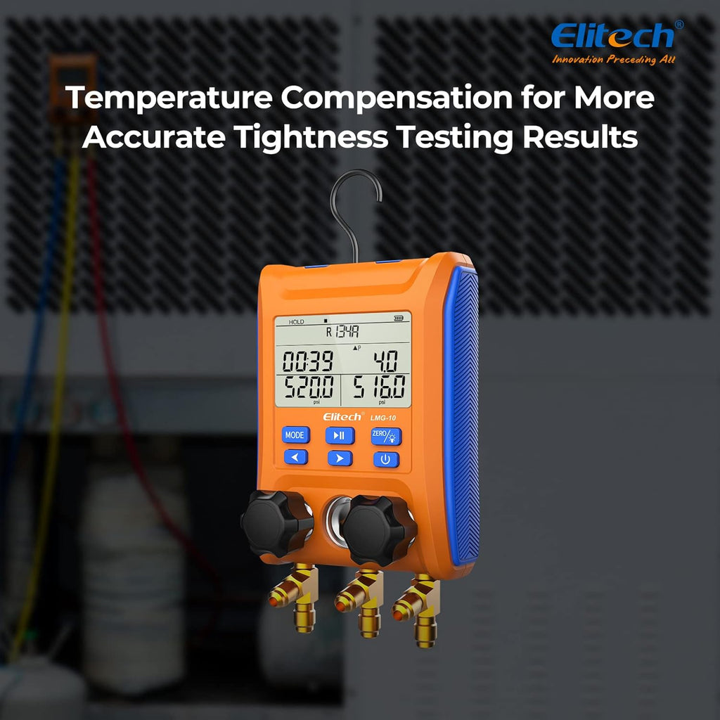 Elitech Kältetechnik Manometro Digitale Collettore di Ricarica, Set Manometrico Digitale ad Alta Precisione Tester Perdite di Pressione Temperatura Vuoto per Frigoriferi LMG-10