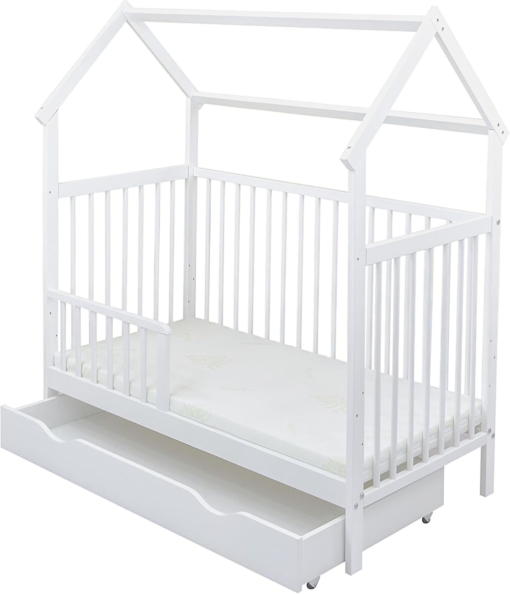 Baby Delux Lettino per Bambini Set Completo Casetta 60x120 cm Bianco con Cassetto Sponda Paracolpi Materasso Biancheria da Letto Set Decorativo (Stelle del Principe)