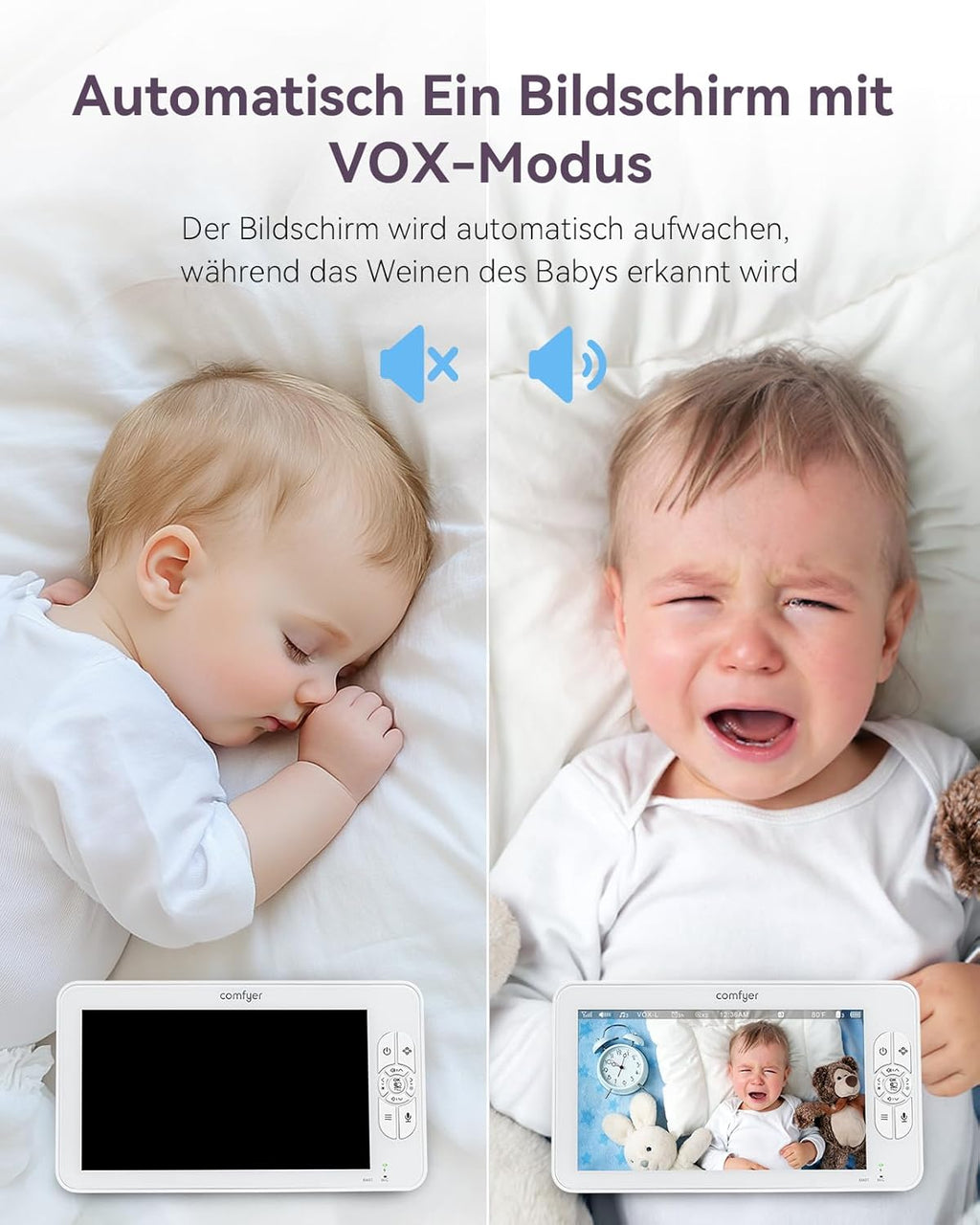 Comfyer Baby Monitor Video Split-Screen con 2 Telecamere, 7" HD 720P Telecamera Nido Wireless con Staffa, Visione Notturna IR, Obiettivo Grandangolare, Modalità Vox, Audio a 2 Vie, Portata di 300 Metri