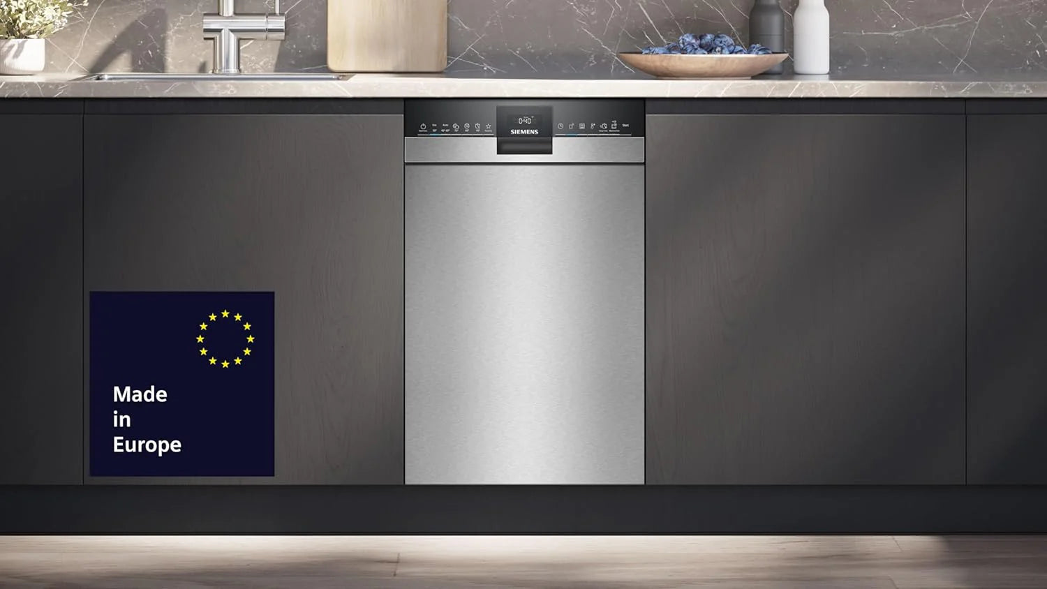Siemens SR65YX08ME, iQ500 Lavastoviglie smart a scomparsa totale, larghezza 45 cm, cassetto portaposate, Zeolith, extra silenziosa, aquaStop, apertura automatica della porta a fine programma, varioSpeed, illuminazione interna