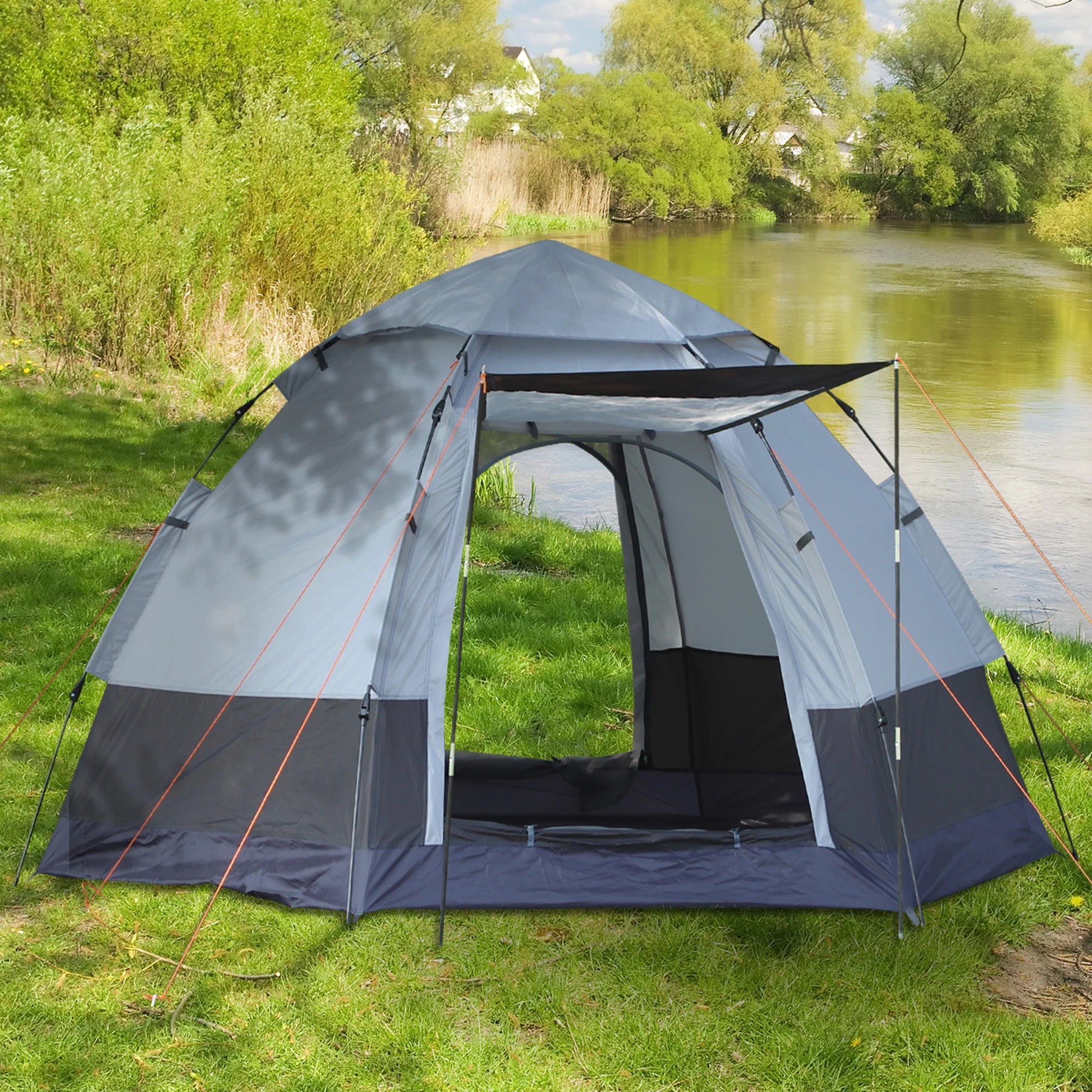 Tenda da campeggio Outsunny 3-4 persone, tenda a cupola grigio-nera