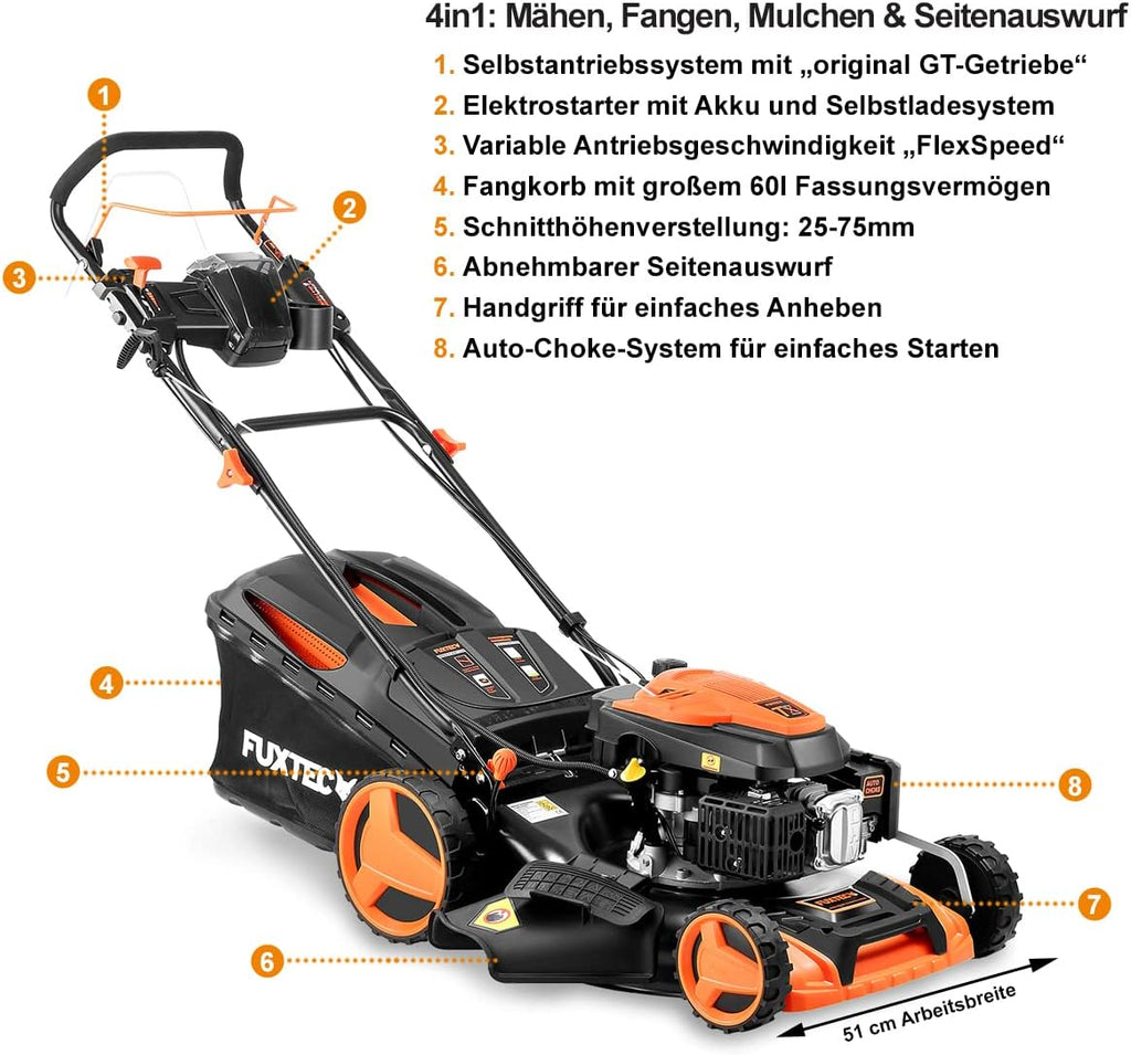 FUXTEC Tosaerba a Benzina 4in1 FX-RM5196eSPRO con Avviamento Elettrico e Trazione Regolabile, Rasaerba con Paraurti Anteriore, Larghezza di Taglio 51 cm, Ruote Big Wheel con Cuscinetti a Sfera, Cesto Raccoglierba da 60L