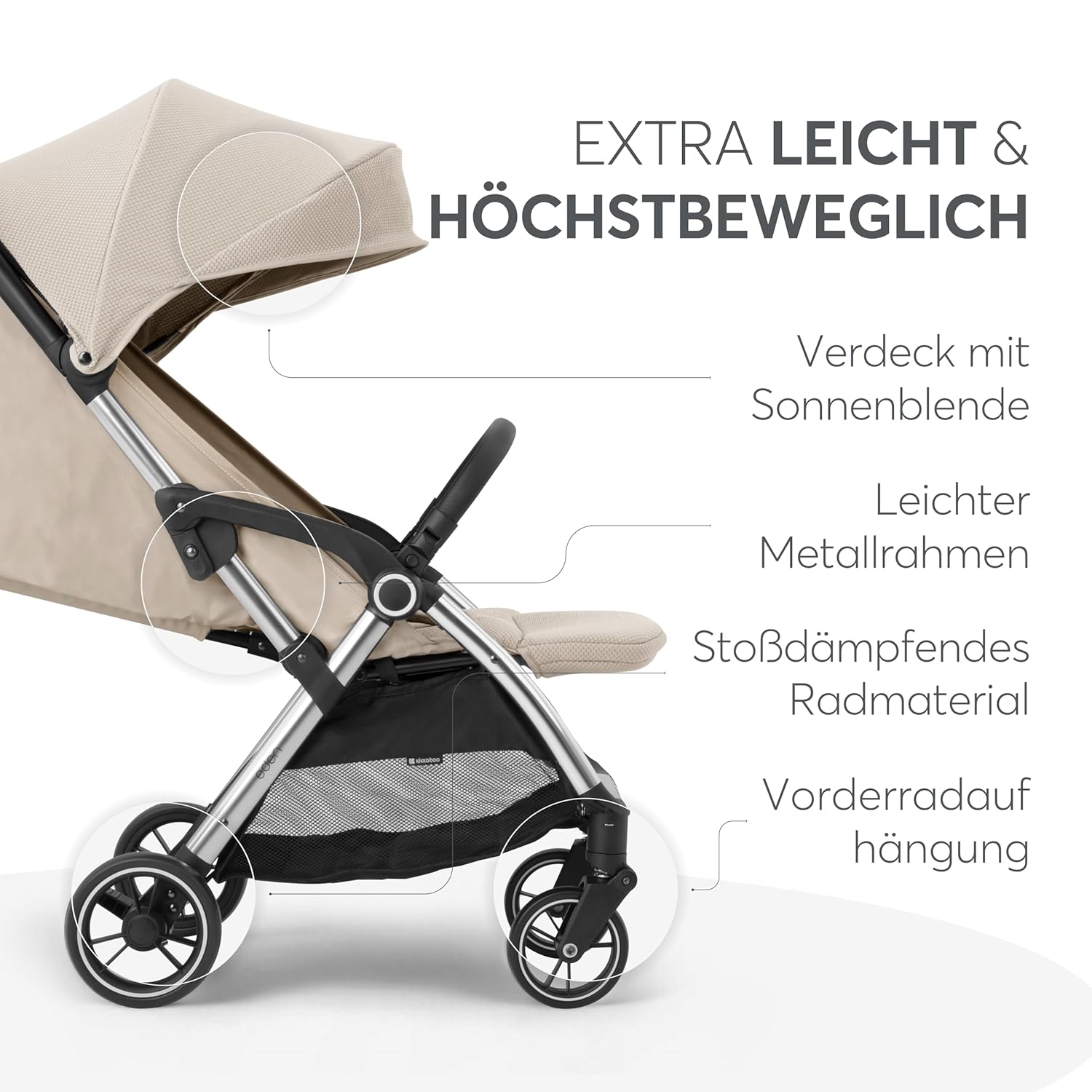 KikkaBoo EDEN Passeggino, passeggino fino a 22 kg, chiusura automatica, posizione reclinata, ultraleggero, compatto, nero