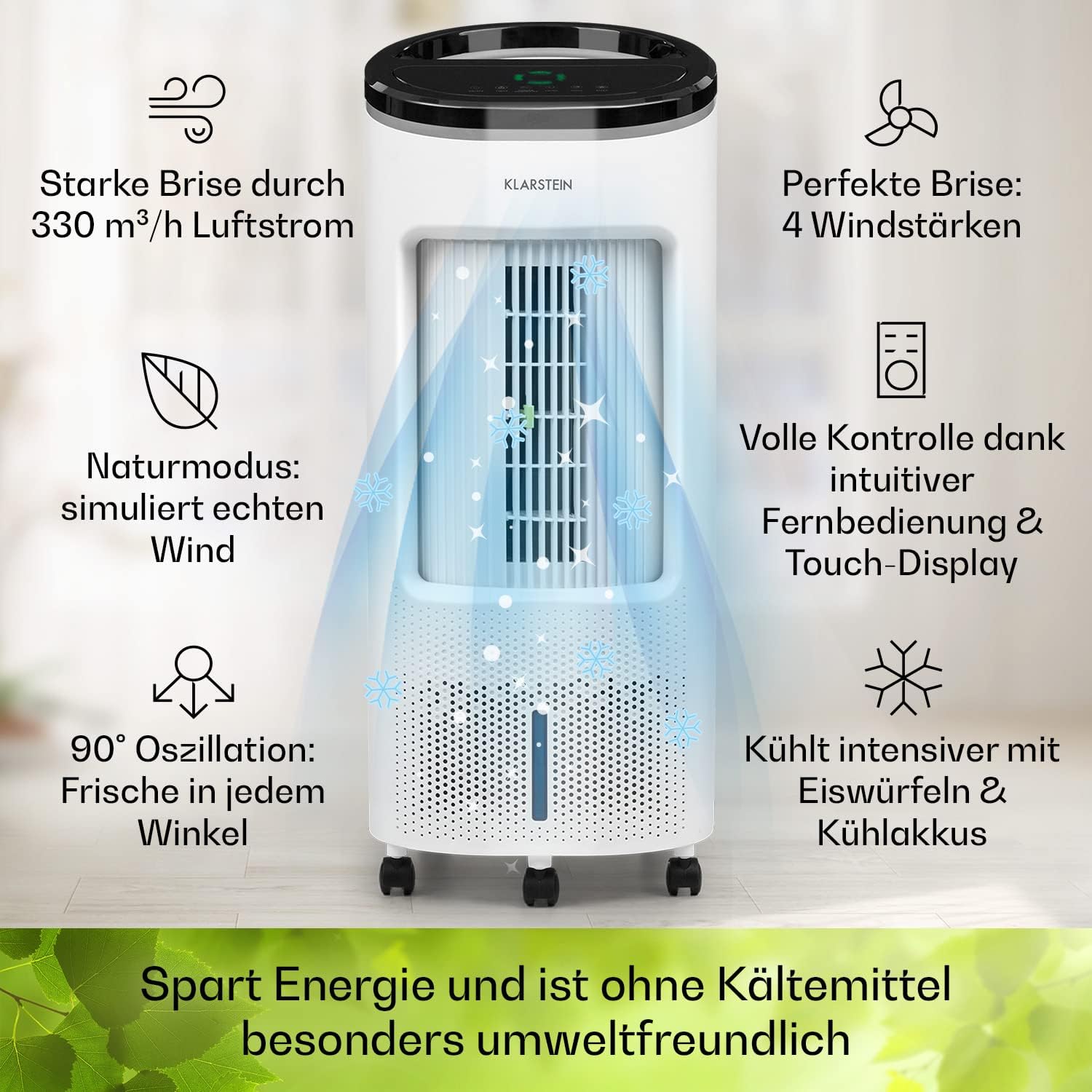 Klarstein Raffreddatore d'aria con Raffreddamento ad acqua, Raffrescatore Evaporativo Silenzioso 4-in-1, Umidificatore, Ventilatore e Modalità Notte, Raffrescatore Evaporativo Portatile 7L, 65W Air Cooler, Flusso d'aria di 330m³/h