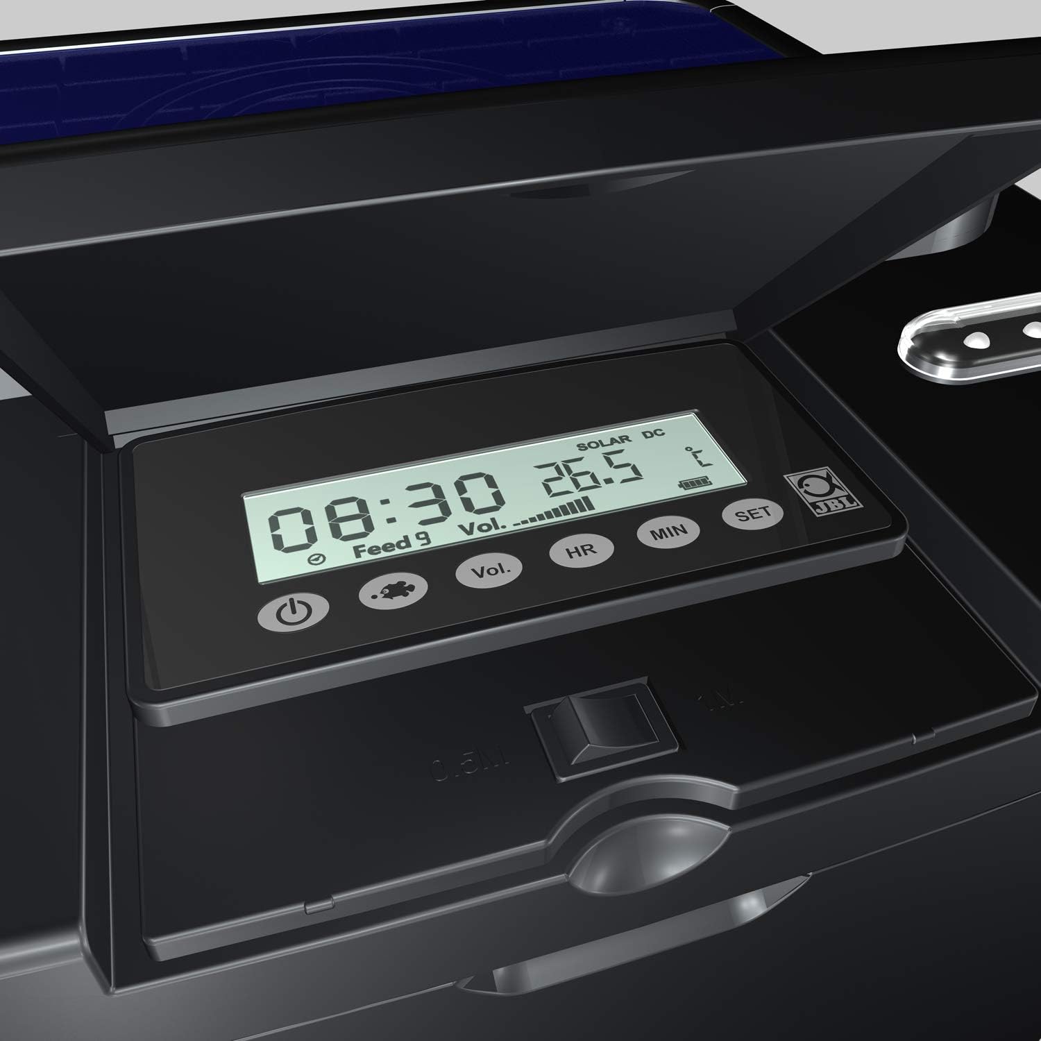 JBL Dosatore automatico per mangime per Koi e altri pesci da stagno, PROPOND AUTOFOOD, Resistente alle intemperie, Solare, 37,5 x 37,5 x 46,2 cm, nero
