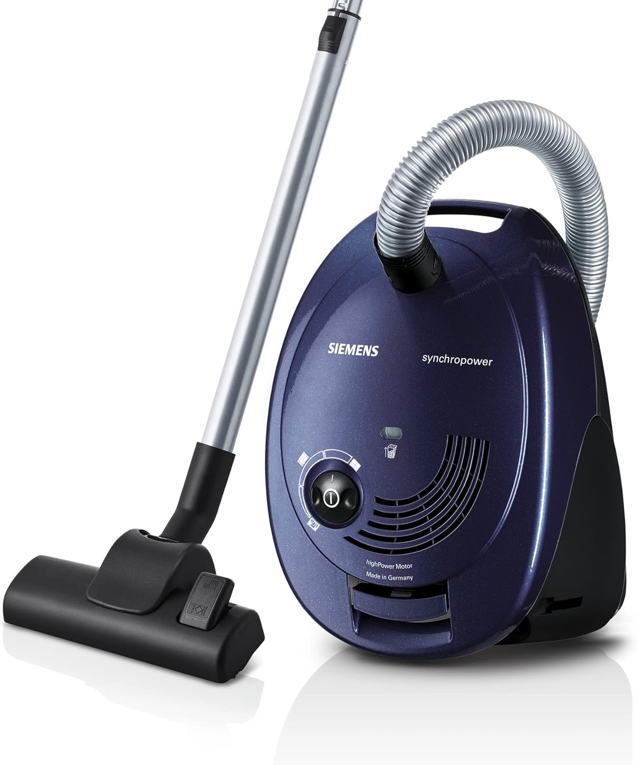 Siemens synchropower VS06A111 Aspirapolvere con sacchetto, aspirapolvere a traino, filtro igienico, spazzola per pavimenti duri e tappeti, elevata potenza di aspirazione, cavo lungo, bocchetta a lancia, 600 W, blu