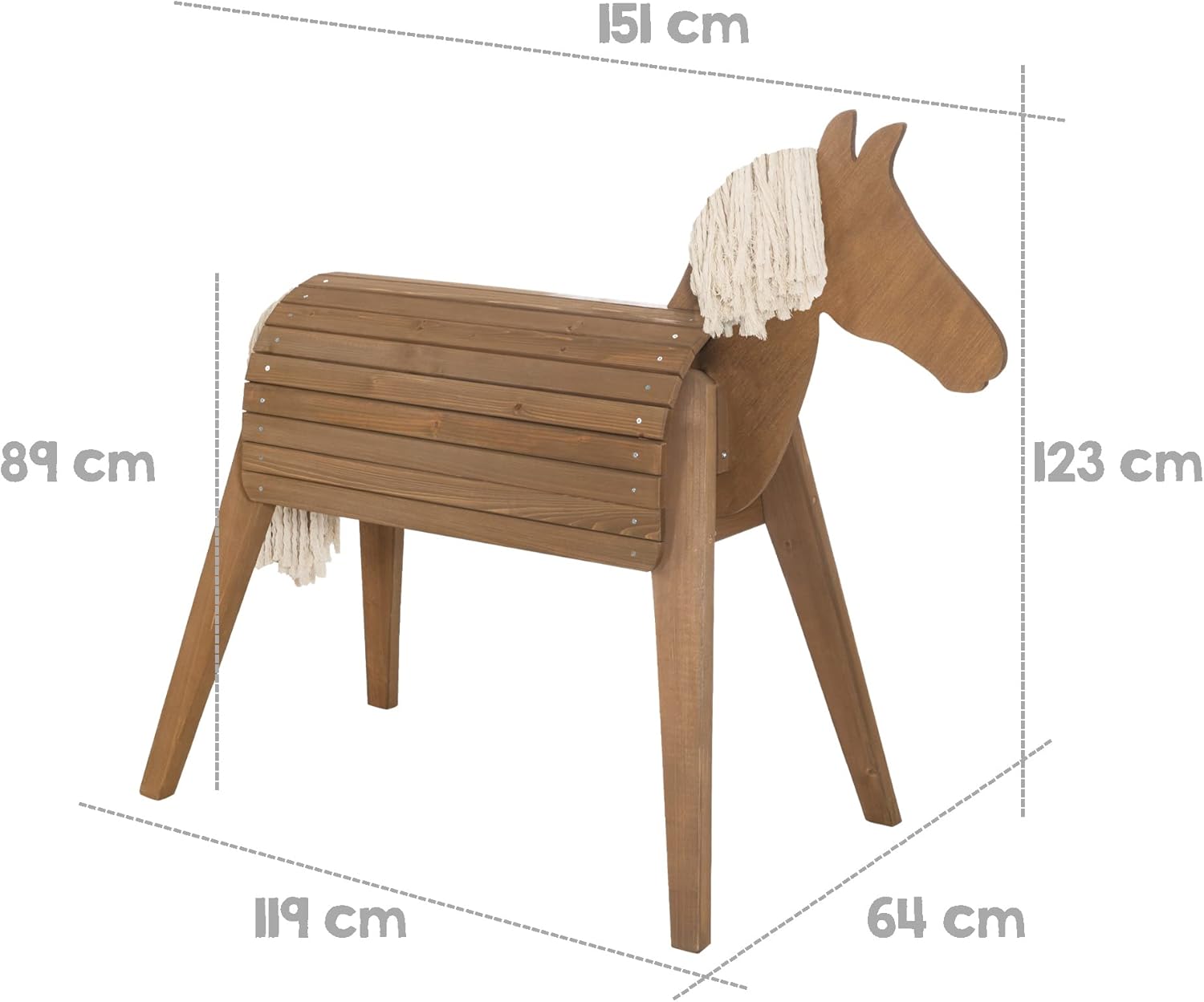 roba Cavallo di legno per il giardino - Cavallo da volteggio con criniera e coda - Cavallo giocattolo per ginnastica e cavalcare - Legno massiccio - Teak laccato