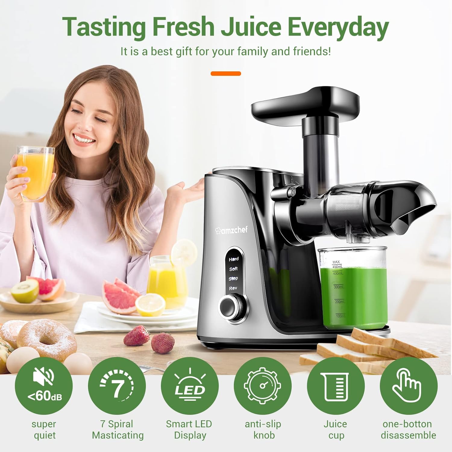 AMZCHEF Estrattore di Succo per Frutta e Verdura con 2 Modalità di Velocità - Slow Juicer con Bottiglia Portatile e 2 Tazze - Cold Press Juicer Senza BPA con LED Intelligente e Funzione di Inversione - Nero