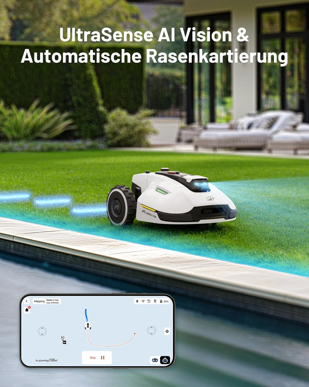 MAMMOTION YUKA Mini 500 Robot Rasaerba senza Filo Perimetrale, NetRTK+Vision, Nessuna Antenna RTK Necessaria, Mappatura Automatica, Consigliato 500m², Max 700m², con Modulo 4G, Pendenza 50%
