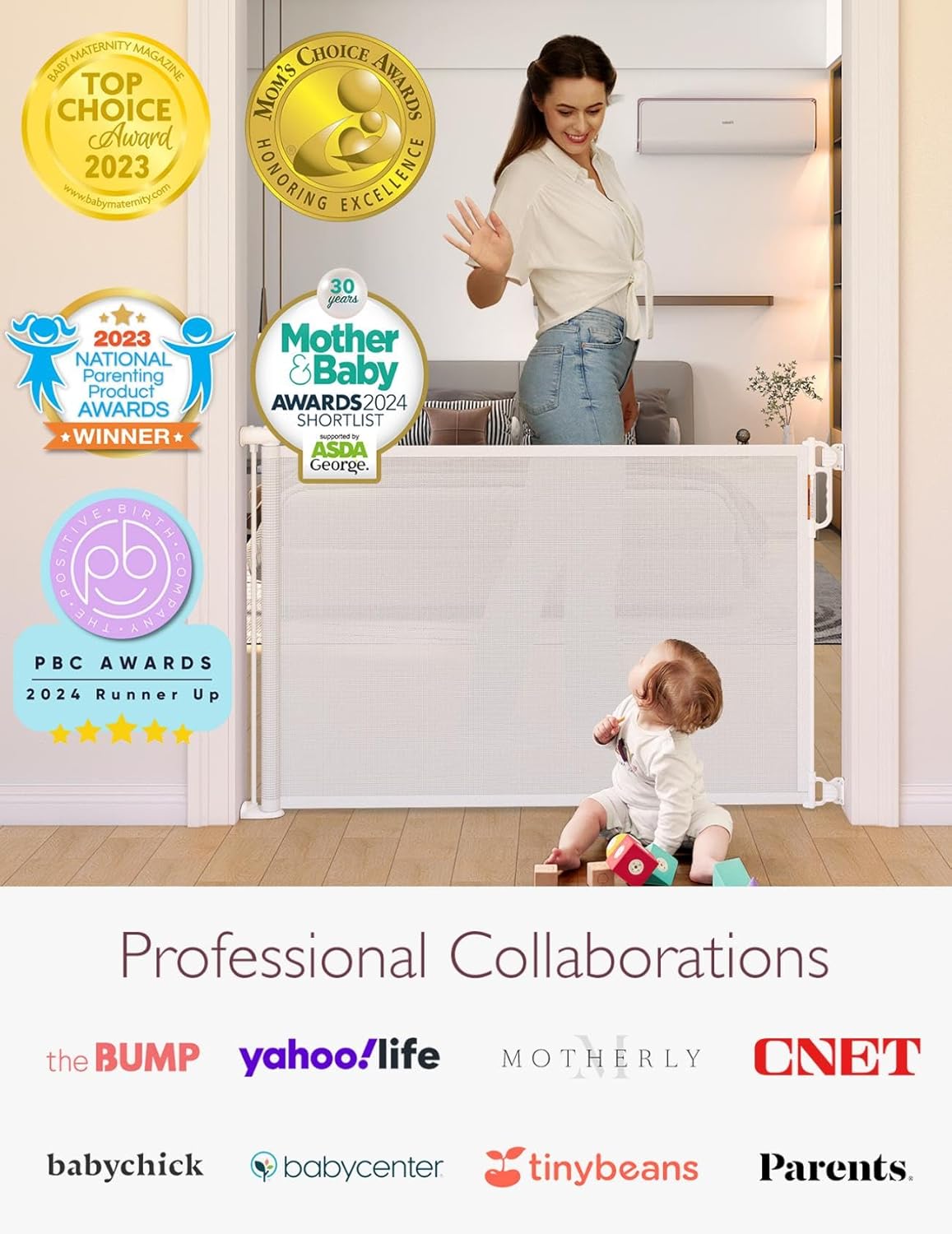 Momcozy Barriera di Sicurezza Retrattile per Bambini (Aggiornata), 0-140 cm, Altezza 83 cm, Cancello di Sicurezza Avvolgibile, Azionabile con Una Sola Mano, Adatta per Scale/Porte/Interno ed Esterno, Grigio