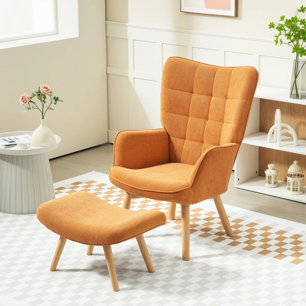 HOMCOM Poltrona Relax con Poggiapiedi, Set Poltrona Bergère in Legno di Faggio Effetto Velluto a Coste Marrone
