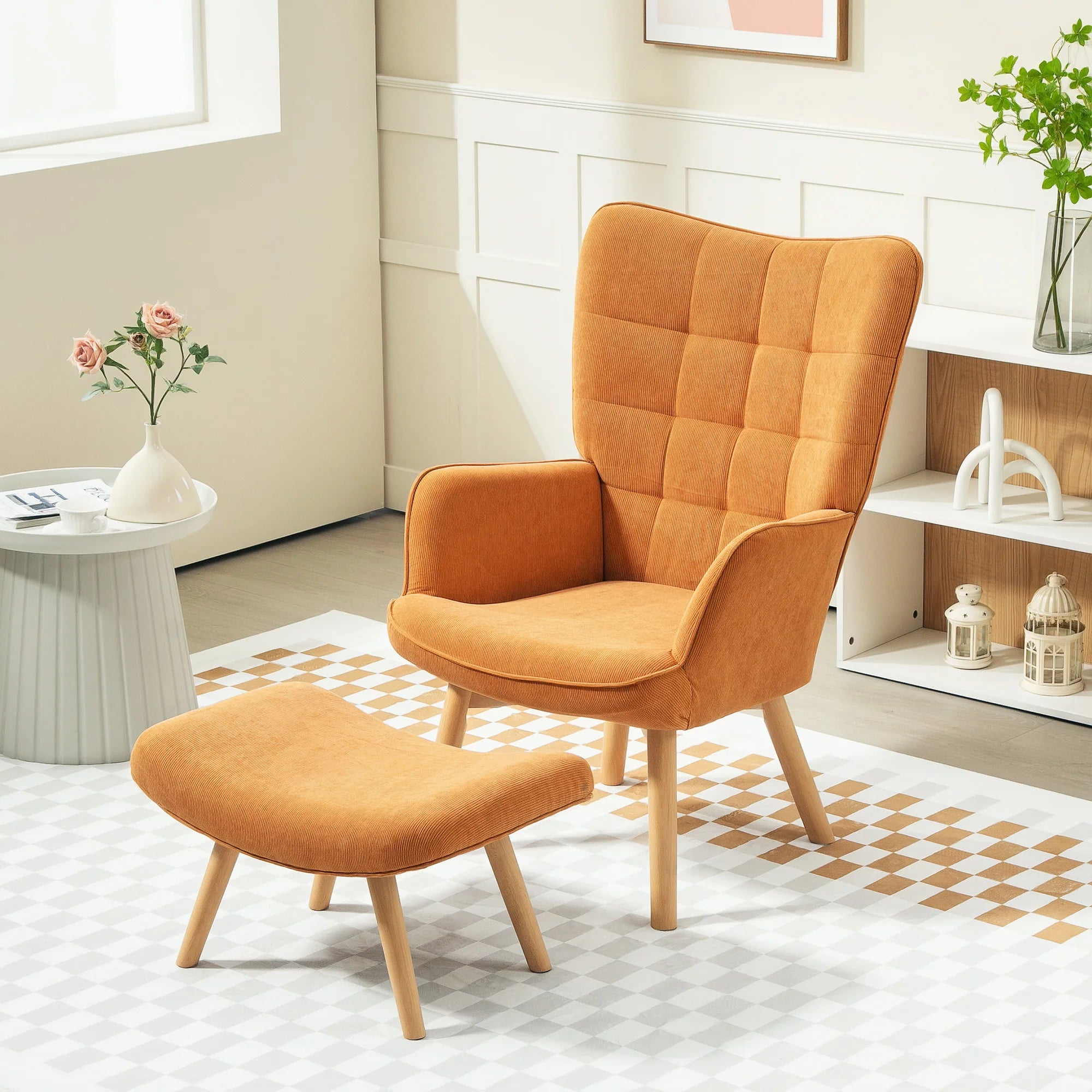 HOMCOM Poltrona Relax con Poggiapiedi, Set Poltrona Bergère in Legno di Faggio Effetto Velluto a Coste Marrone