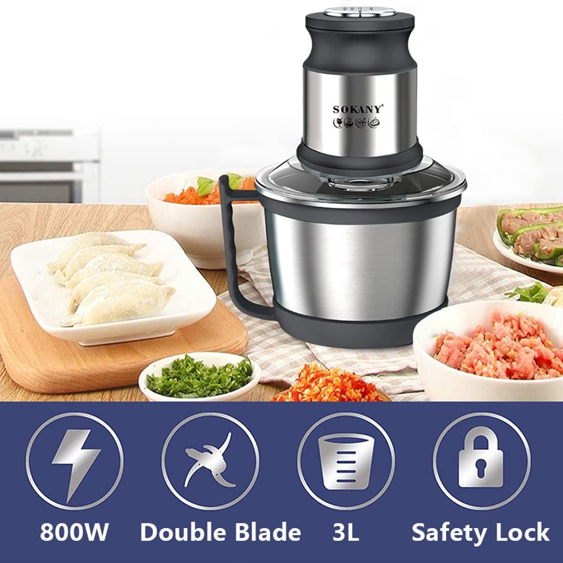 SOKANY Tritacarne Elettrico da Cucina 1500W con Ciotola in Acciaio Inox da 6,5L, Tritatutto con 3 Livelli di Velocità, Robot da Cucina con 4 Lame per Carne, Cipolle, Frutta, Verdura