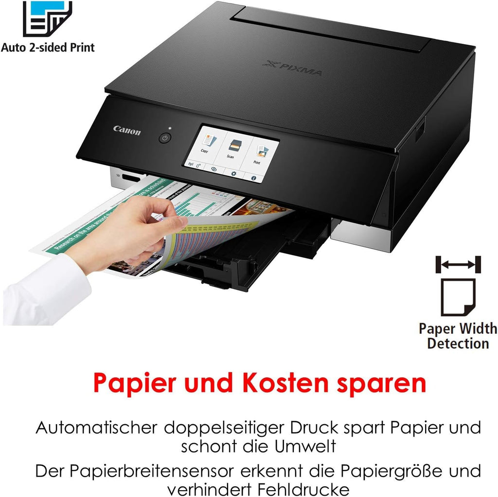 Canon PIXMA TS8351a Stampante multifunzione a getto d'inchiostro a colori DIN A4 (scanner, fotocopiatrice, 4.800 x 1.200 dpi, 6 inchiostri separati, USB, WLAN, AirPrint, stampa fronte/retro, 2 alimentatori carta, 5 GHz), bianco