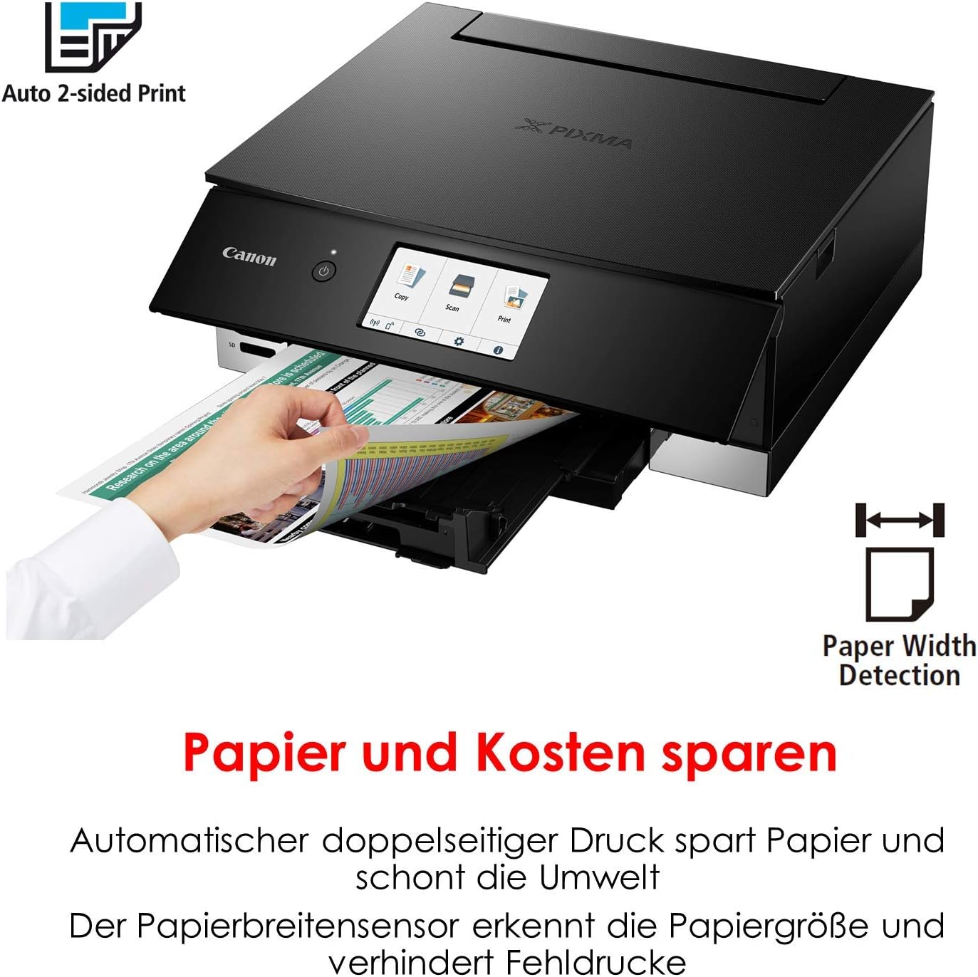 Canon PIXMA TS8351a Stampante multifunzione a getto d'inchiostro a colori DIN A4 (scanner, fotocopiatrice, 4.800 x 1.200 dpi, 6 inchiostri separati, USB, WLAN, AirPrint, stampa fronte/retro, 2 alimentatori carta, 5 GHz), bianco