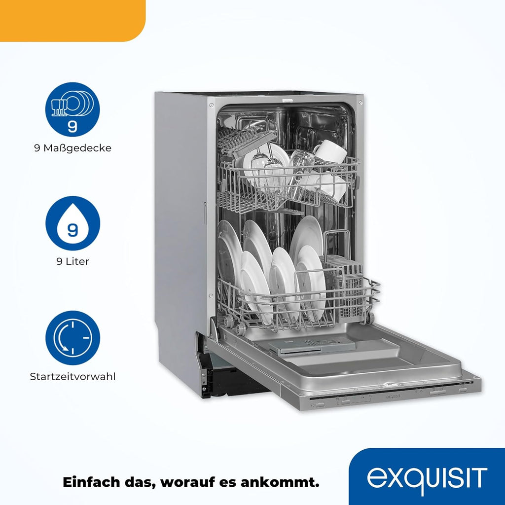 Lavastoviglie Exquisit, 45 cm di larghezza, parzialmente integrata, 9 coperti, 9 litri, partenza ritardata, modalità ECO, lavastoviglie 45 cm, EGSP51009-EB-030E inox