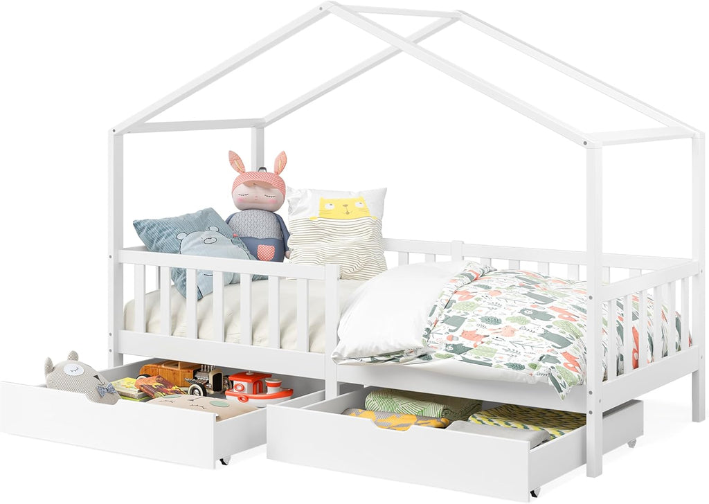 Bellabino Lettino per bambini Bia 140x200 cm, letto a capanna per bambini con protezione anticaduta e rete a doghe arrotolabile, letto a terra Montessori bianco in legno massello di pino
