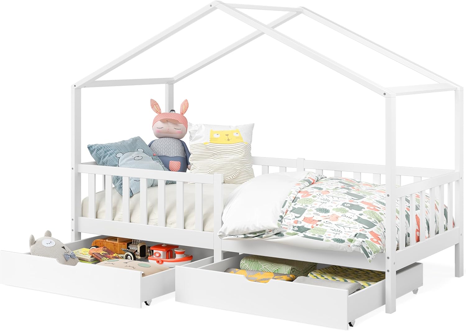 Bellabino Lettino per bambini Bia 140x200 cm, letto a capanna per bambini con protezione anticaduta e rete a doghe arrotolabile, letto a terra Montessori bianco in legno massello di pino