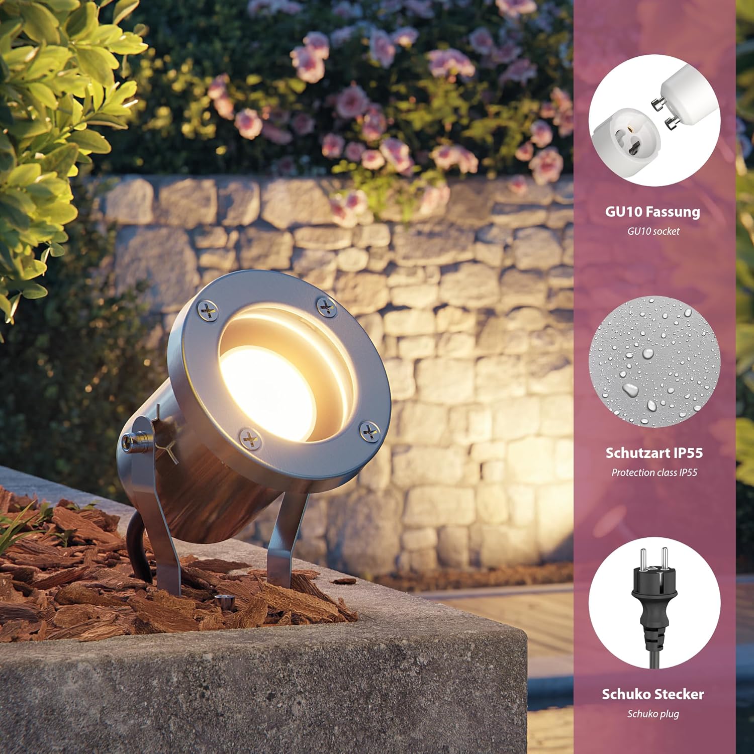 ledscom.de 4 Fari da giardino a LED MIBU con picchetto, da esterno, acciaio inox, senza lampadina