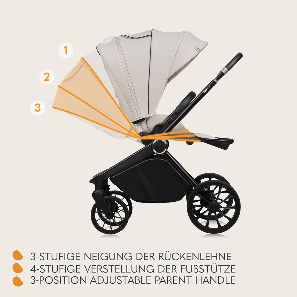 Passeggino LIONELO MIKA PLUS 3-in-1, da 0 a 48 mesi, fino a 22 kg, navicella fino a 9 kg, seggiolino auto fino a 13 kg, schienale regolabile, ammortizzazione, ruote a 360°, cappottina XXL