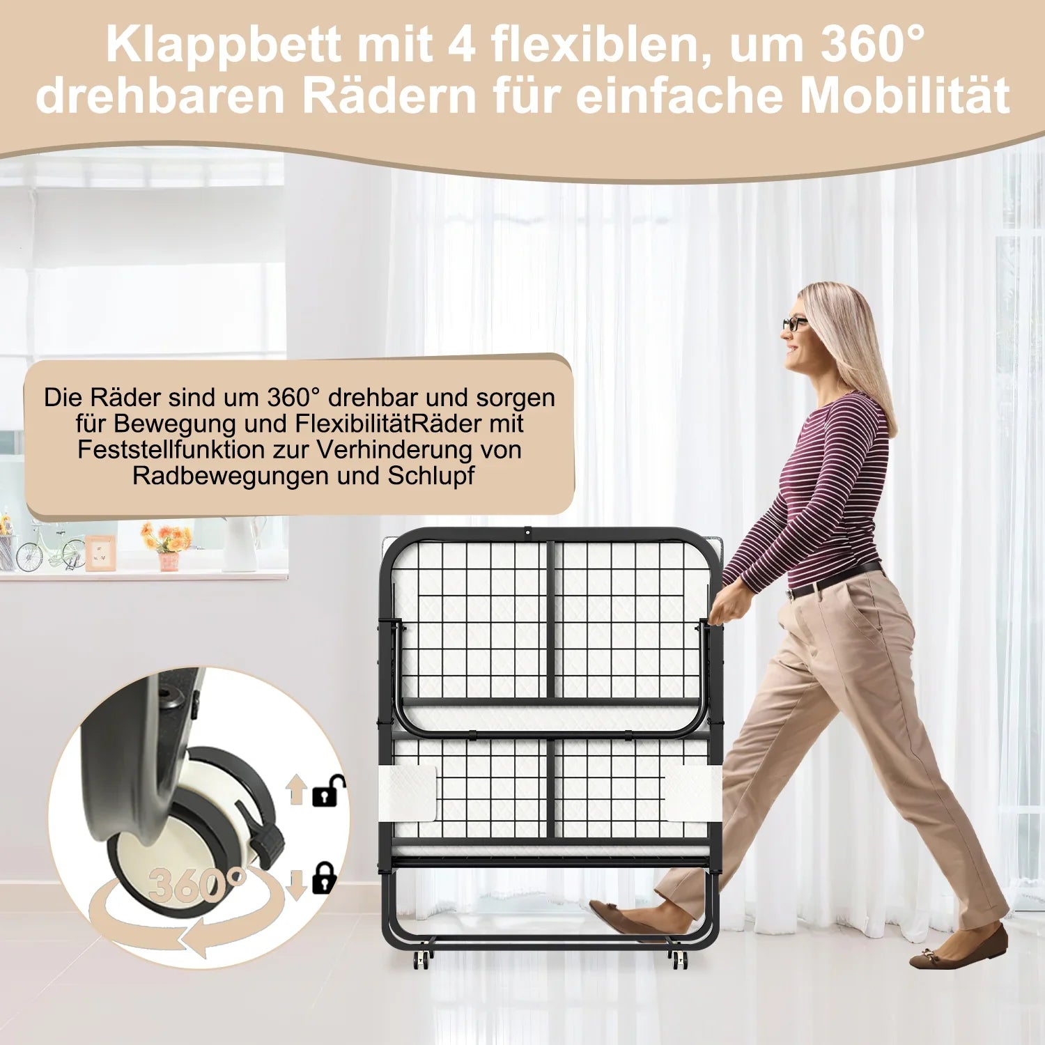 Sonnewelt Letto Pieghevole 90x200cm con spessore di 13cm e rotelle