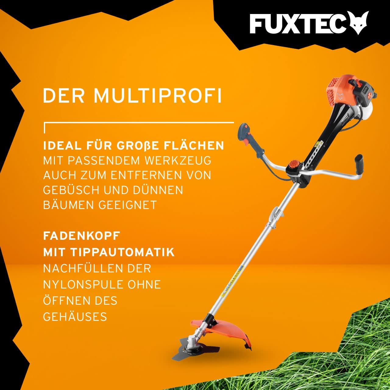 FUXTEC Profi Benzin Motorsense FX-PS162 – Profisense mit 62ccm, Faden und Komfort-Tragegurt – Rasentrimmer mit Antivibrationssystem – 2-Takt Freischneider Fadenspule
