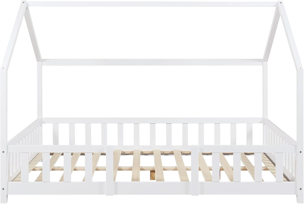 [en.casa] Letto per bambini Sisimiut a capanna 80 x 160 cm con protezione anticaduta letto in legno per bambini letto a terra rete a doghe in legno di pino Bianco opaco