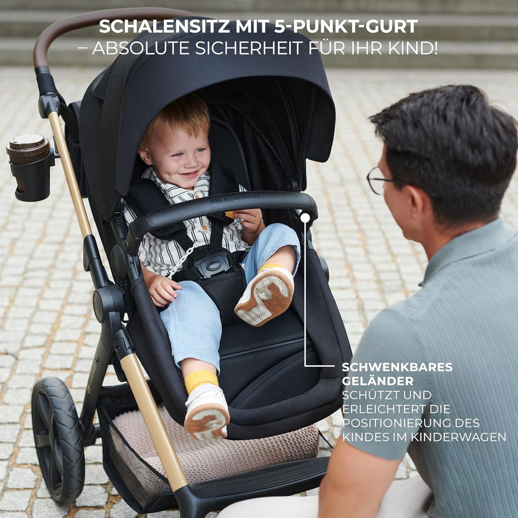 Kinderkraft MOOV2 AIR Passeggino 3 in 1 Set Passeggino fino a 26 kg con seggiolino auto I-SIZE 40-75 cm, funzione passeggino, schienale reclinabile, ampia capottina estensibile, ruote gonfiabili, nero