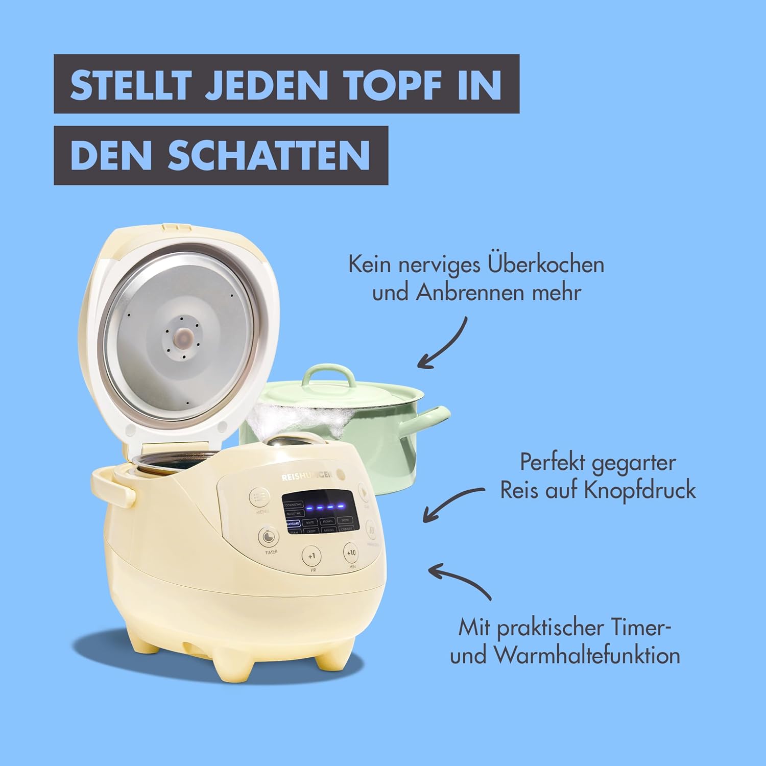 REISHUNGER Cuociriso digitale piccolo, nero | Da 0,6 L fino a 3 persone | Funzione mantenimento calore, timer e pentola premium | Multicooker e vaporiera piccoli, 8 programmi, tecnologia a 7 fasi