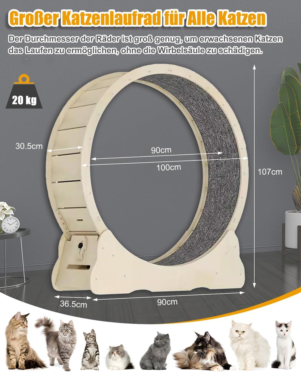 MIWOOYY Katzenlaufrad Großes Laufrad für Katzen 100cm – Schwarzes Katzenrad aus Massivholz für Drinnen Katzen, Sicherheits Katzen Laufrad mit Schloss und Minimiertem Spaltdesign
