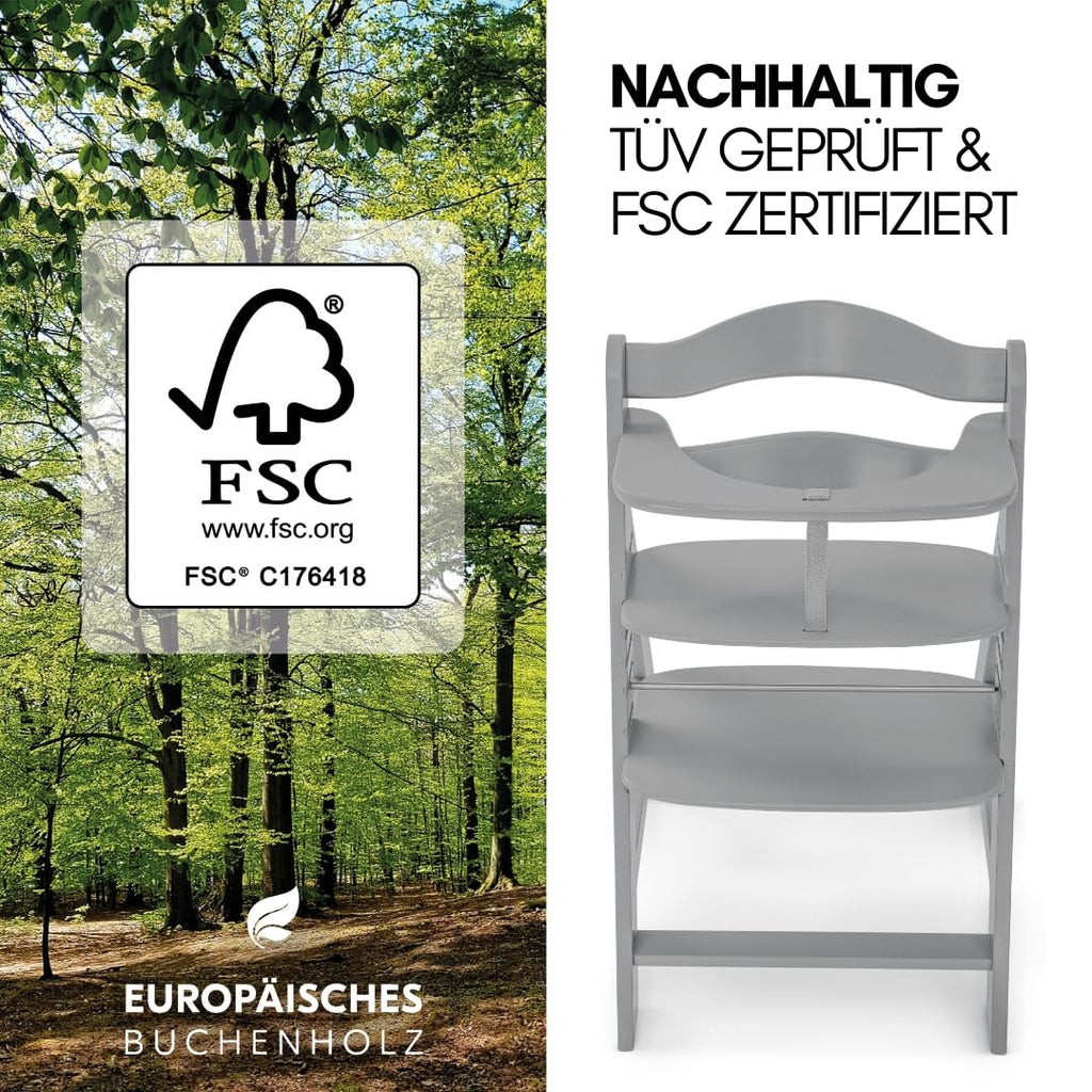 hauck Alpha Plus Newborn Set mit Premium Bouncer Dark Grey - Baby Holz Hochstuhl ab Geburt mit Liegefunktion - extra flacher Aufsatz für Neugeborene & Baumwoll Sitzpolster - Grau