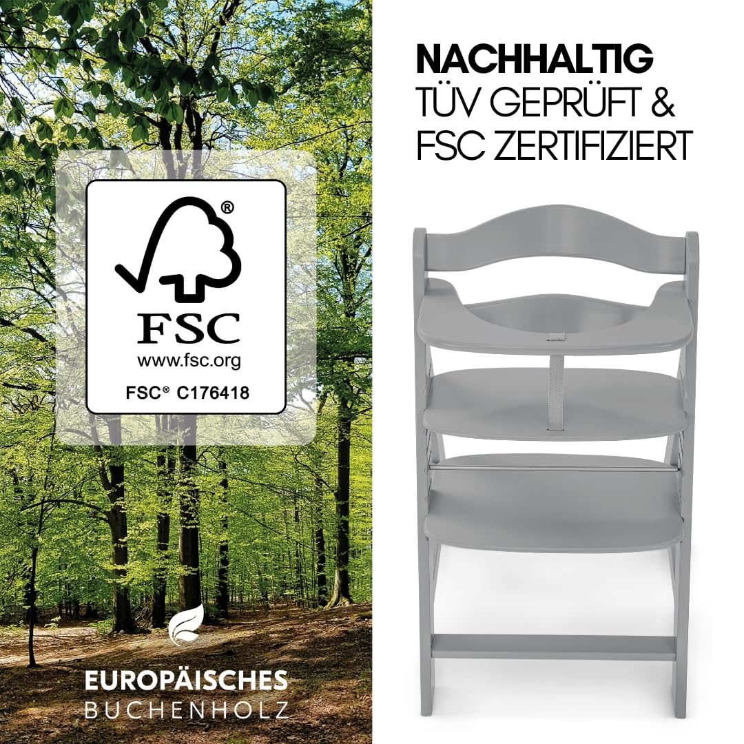 hauck Alpha Plus Newborn Set mit Premium Bouncer Dark Grey - Baby Holz Hochstuhl ab Geburt mit Liegefunktion - extra flacher Aufsatz für Neugeborene & Baumwoll Sitzpolster - Grau