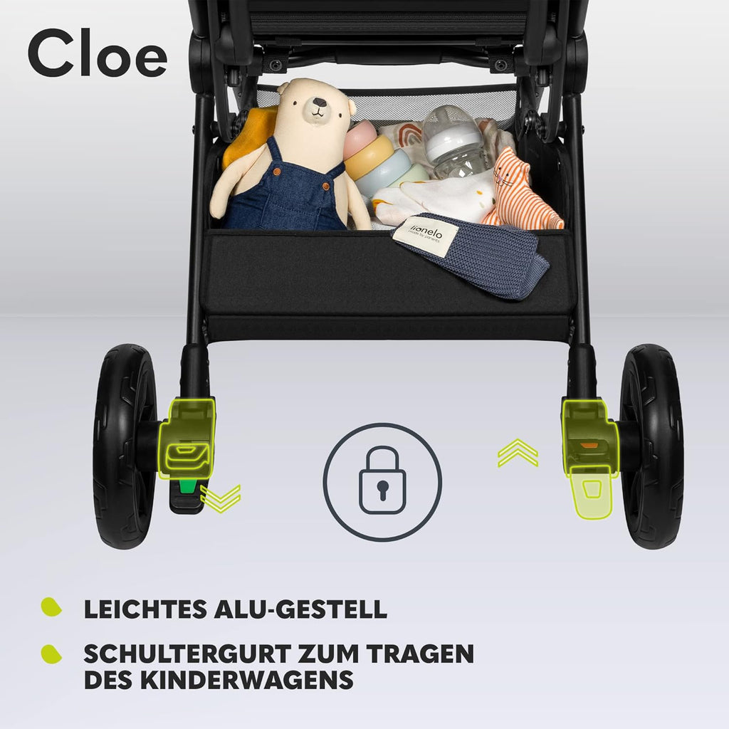 LIONELO Cloe Passeggino Pieghevole fino a 22 kg, Schienale Reclinabile Funzione Nanna, Imbracatura a 5 Punti Grandi Ruote Girevoli Zanzariera Porta Biberon Leggero Compatto Impermeabile (Grigio)