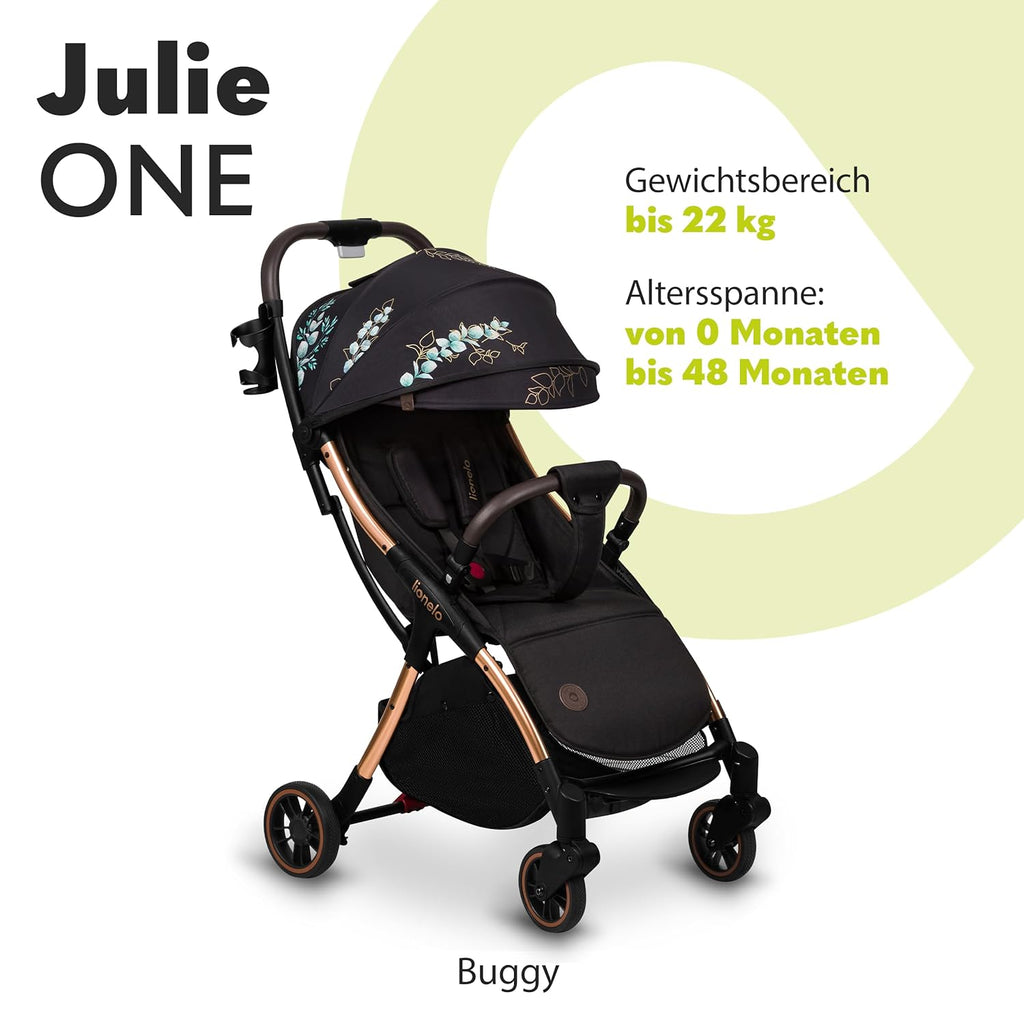 LIONELO Julie One Passeggino da 0 a 22 kg, schienale e poggiagambe regolabili, zanzariera, coprigambe, portabicchieri e borsa da trasporto, pieghevole