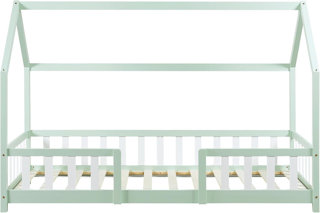 [en.casa] Letto per bambini Sisimiut a capanna 80 x 160 cm con protezione anticaduta letto in legno per bambini letto a terra rete a doghe in legno di pino Bianco opaco