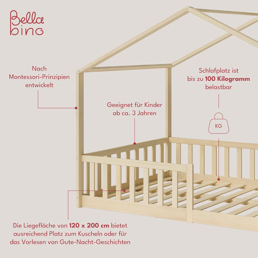 Bellabino Lettino per bambini Bia 140x200 cm, letto a capanna per bambini con protezione anticaduta e rete a doghe arrotolabile, letto a terra Montessori bianco in legno massello di pino